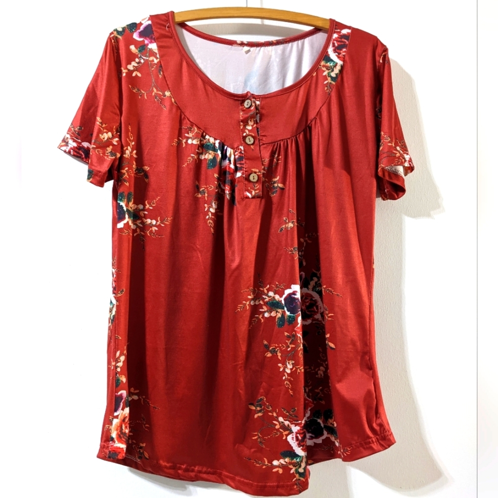 🚨 $5 w/Bundle 2+Items 🔥 Rust Orange Floral Blouse Flowy 2XL